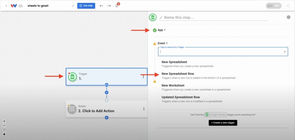 Select Google Sheets as the trigger app and New Spreadsheet Row as the event.