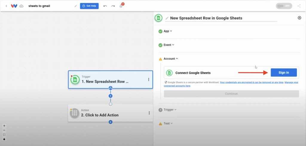 Click Sign in to securely connect your Google Sheets account.