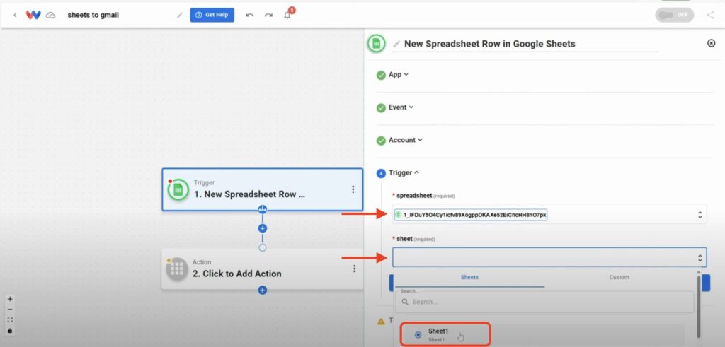 Select your Spreadsheet and worksheet in Google Sheets.
