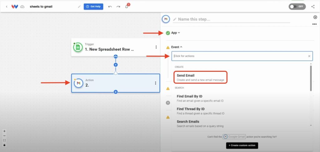 Set up the Gmail action and choose Send Email as the event.