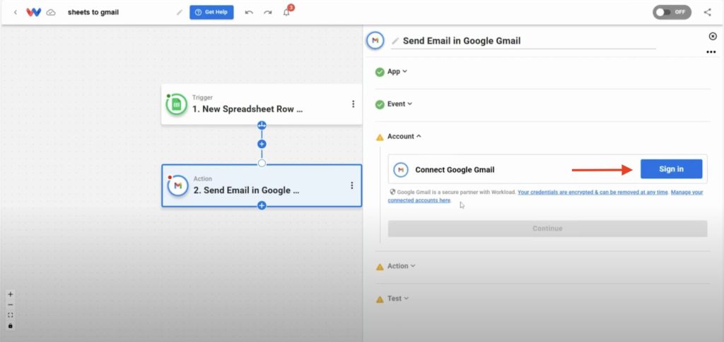 Sign in to your Gmail account to securely connect to Workload.