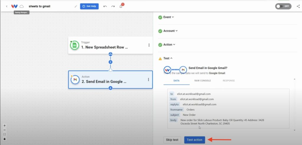 Test the Send Email action in Gmail.