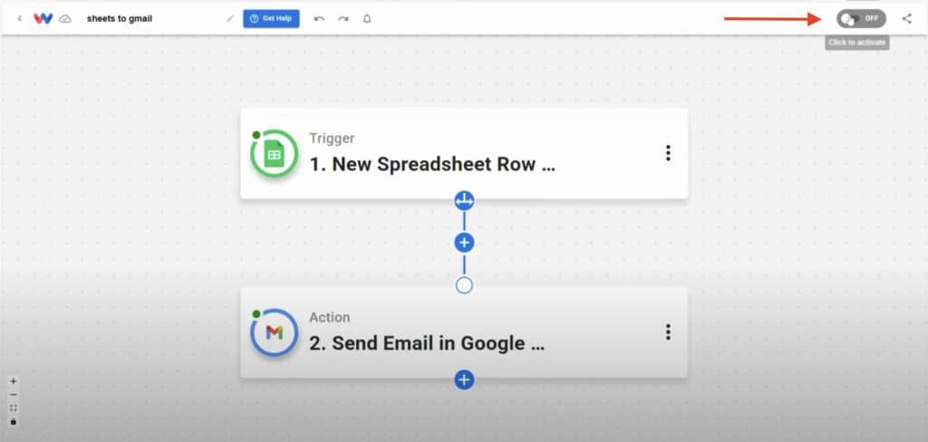 Activate the Gmail Alert from Google Sheets workflow to get real-time email alerts.